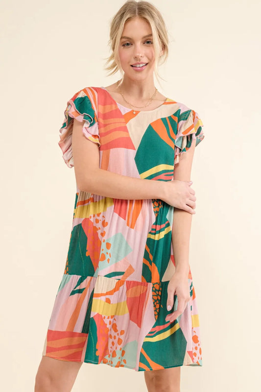Image of And The Why Printed Double Ruffle Sleeve Dress | Queeble.shop