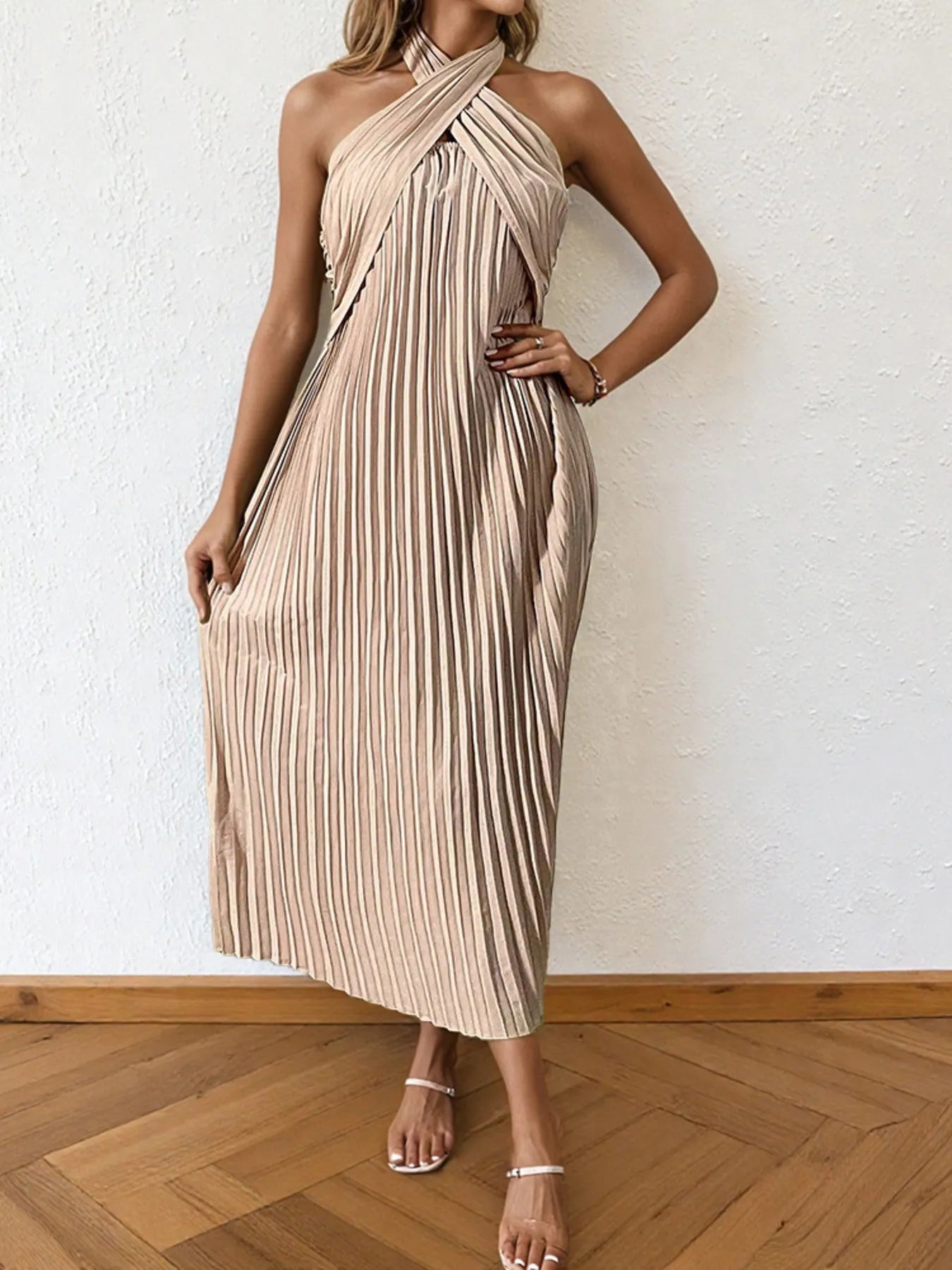 Image of Pleated Halter Neck Midi Dress | Queeble.shop