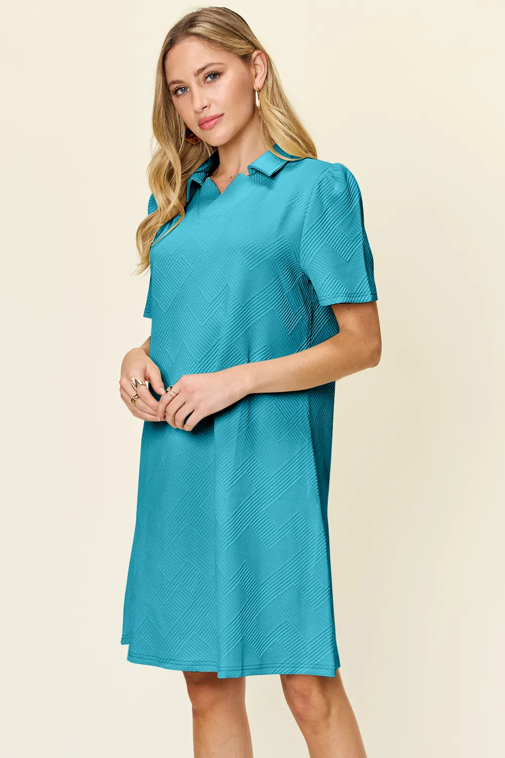 Image of Double Take Full Size Texture Collared Neck Short Sleeve Dress | Queeble.shop