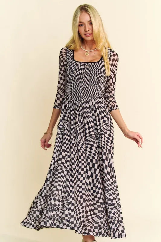 Image of Davi & Dani Printed Checker Mesh Flowy Maxi Dress | Queeble.shop