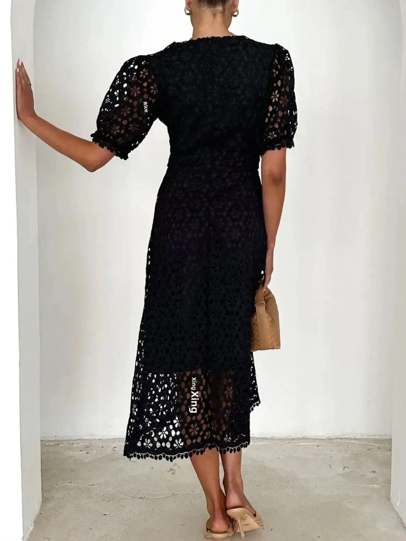 Image of Eyelet Lace V-Neck Midi Dress with Puff Sleeves | Queeble.shop