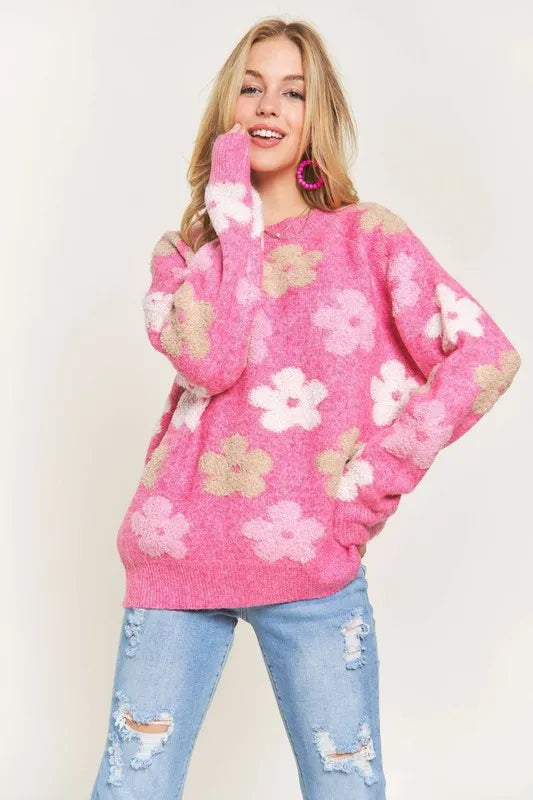 Image of ADORA Full Size Floral Popped 2-Tone Sweater Top Plus Size | Queeble.shop