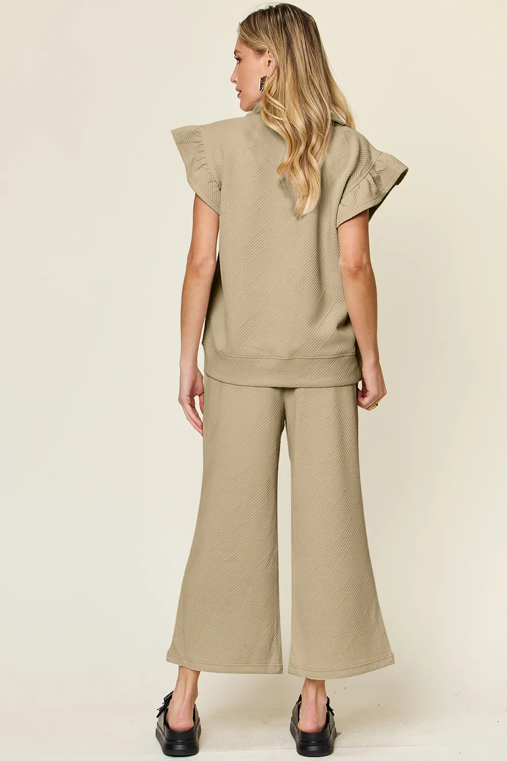 Image of Double Take Texture Ruffle Short Sleeve Top and Drawstring Wide Leg Pants Set | Queeble.shop