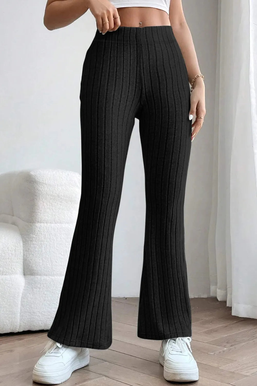 Image of Basic Bae Full Size Ribbed High Waist Flare Pants | Queeble.shop
