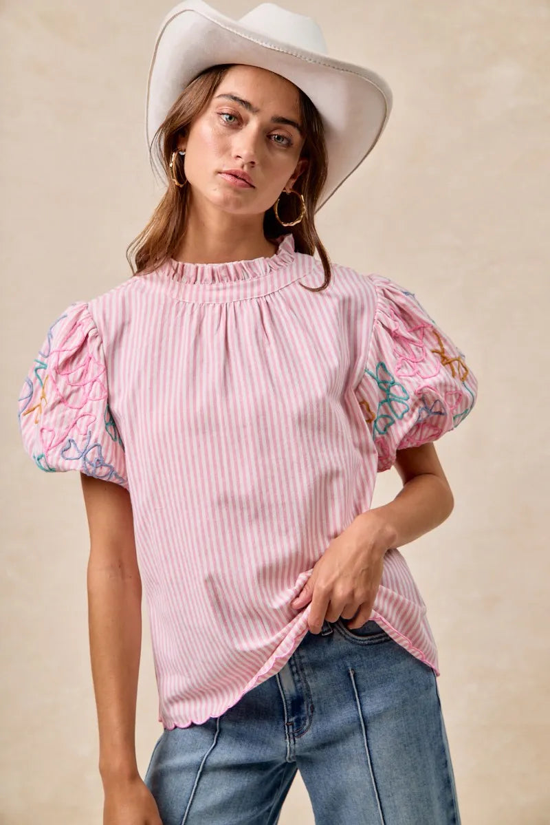 Image of BiBi Embroidery Bubble Sleeve Top With Bottom Scallop Detail | Queeble.shop