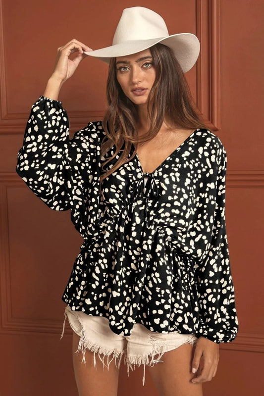 Image of BiBi Leopard Woven Tied Spaghetti V Neck Lslv Top | Queeble.shop