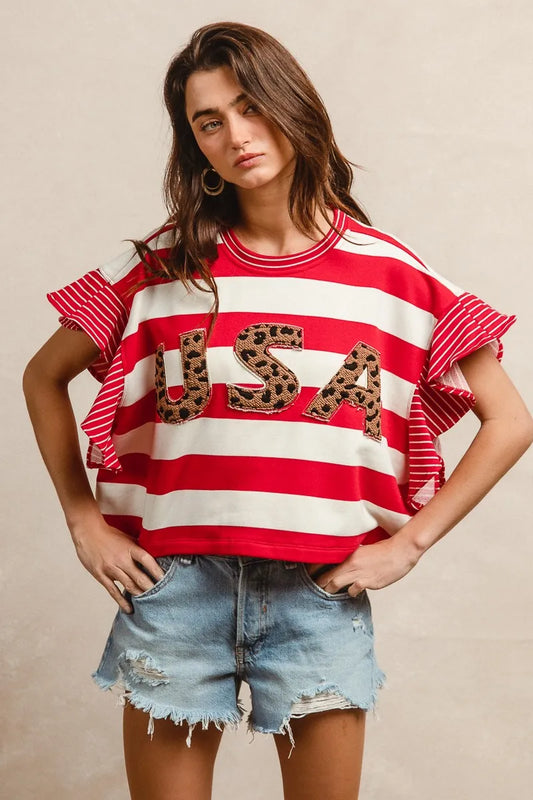 Image of BiBi Stripe Mixed Ruffle Sleeve Top With Leopard Letter | Queeble.shop