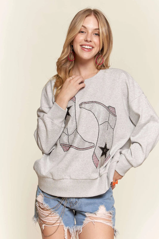 Image of ADORA Rhinestone Accent Casual Sweatshirt | Queeble.shop
