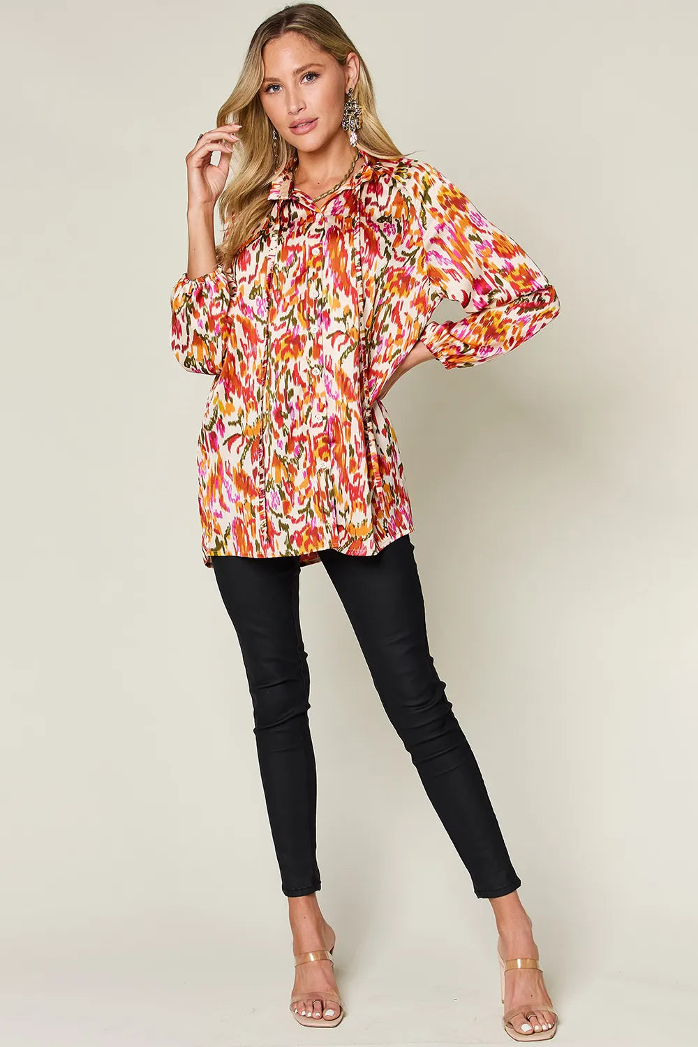 Image of Double Take Full Size Printed Button Up Long Sleeve Shirt | Queeble.shop