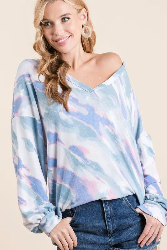 Image of BiBi Tie Dye French Terry Top with Balloon Sleeves | Queeble.shop