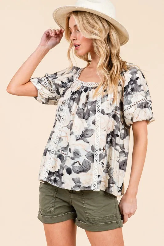 Image of Lime 'N' Chili Floral Print Lace Trim Puff Sleeve Blouse | Queeble.shop