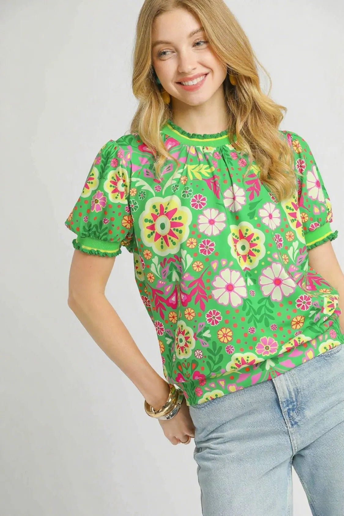 Image of Umgee Retro Floral Puff Sleeve Top | Queeble.shop