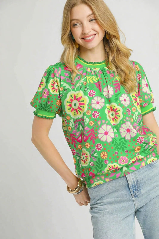 Image of Umgee Retro Floral Puff Sleeve Top | Queeble.shop