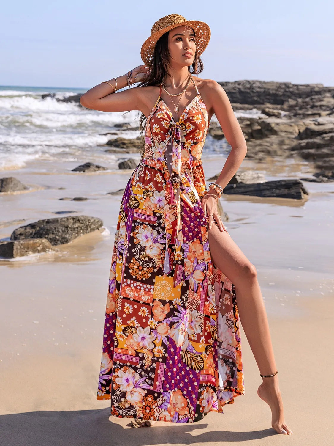 Image of Slit Printed Halter Neck Cami Dress | Queeble.shop