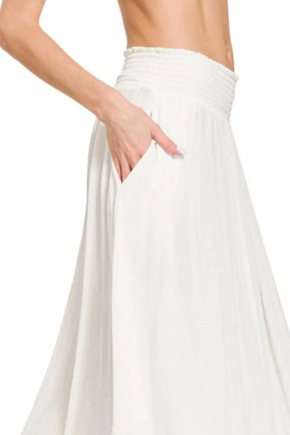 Image of Zenana Woven Crinkle Smocked Waist Maxi Skirt W Pockets | Queeble.shop