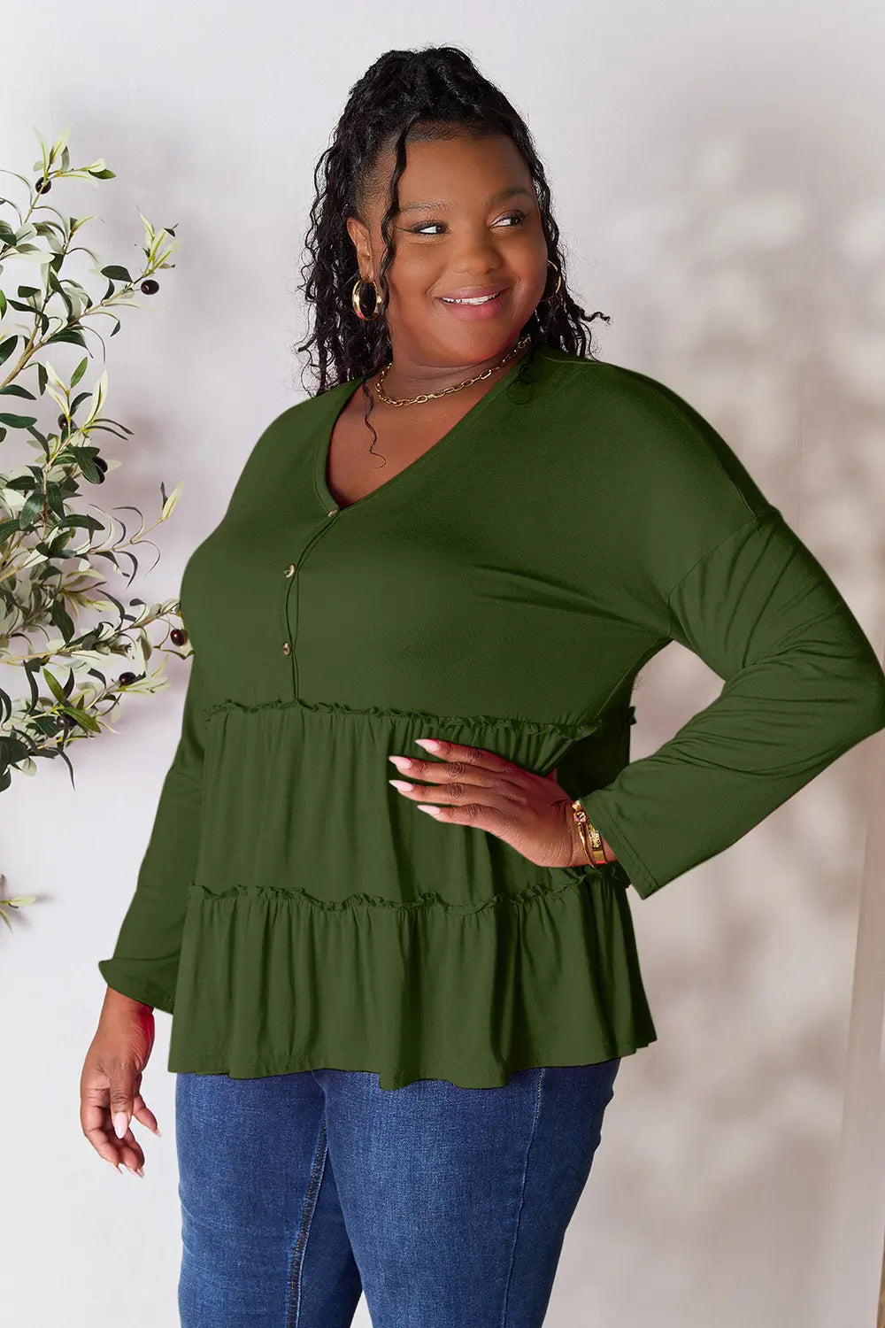 Image of Double Take Half Button Long Sleeve Ruffle Hem Blouse | Queeble.shop