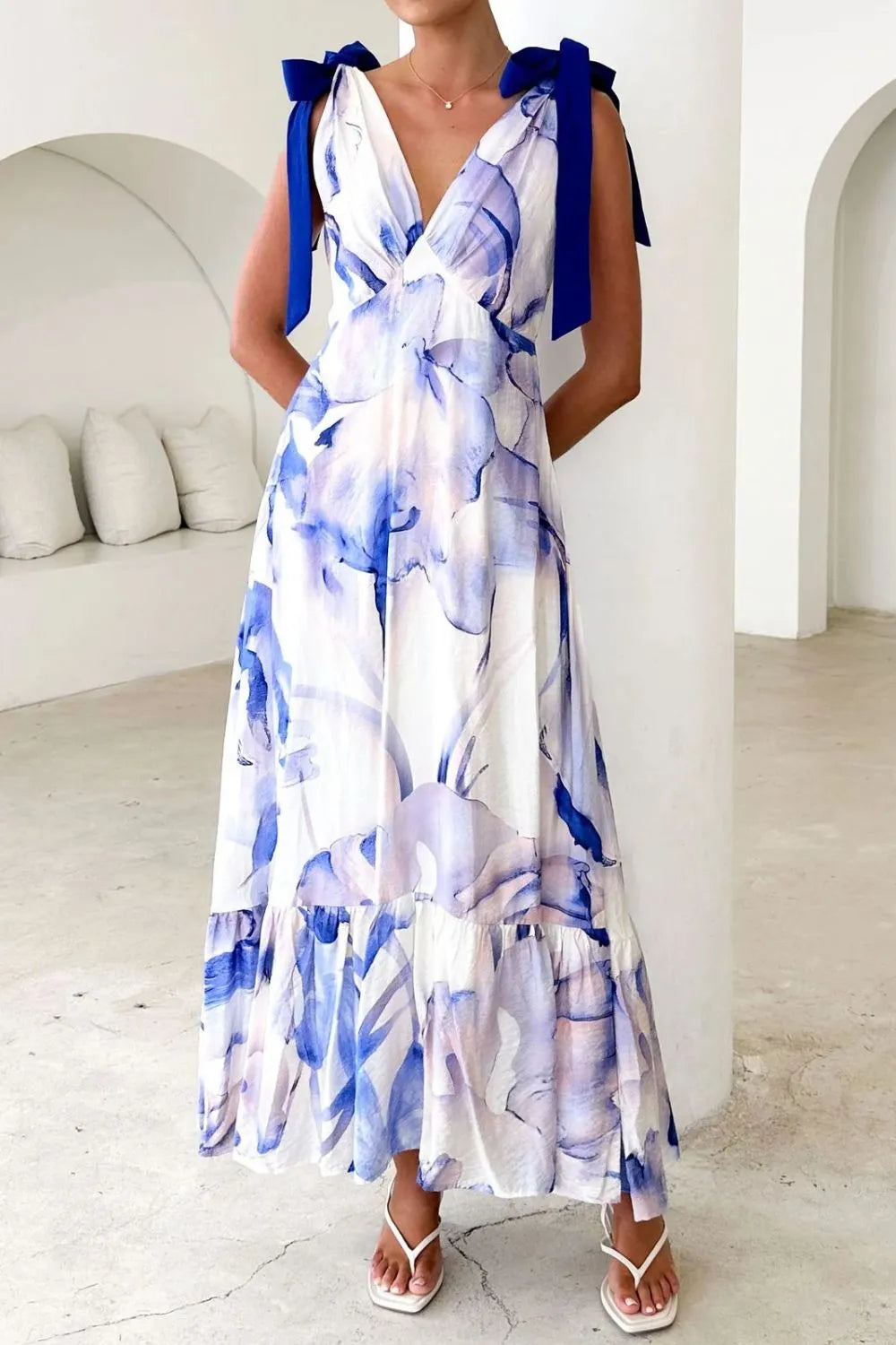 Image of Printed V-Neck Tie Shoulder Midi Cami Dress | Queeble.shop