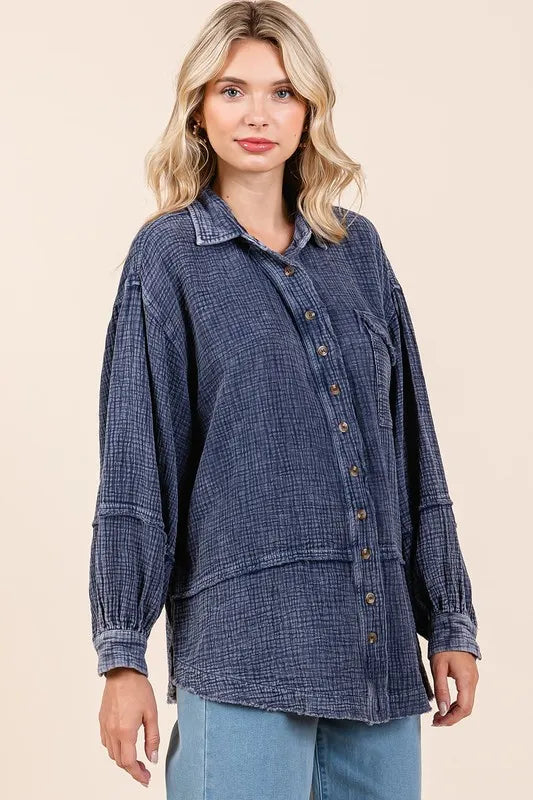 Image of Mittoshop Textured Collared Neck Long Sleeve Shirt | Queeble.shop