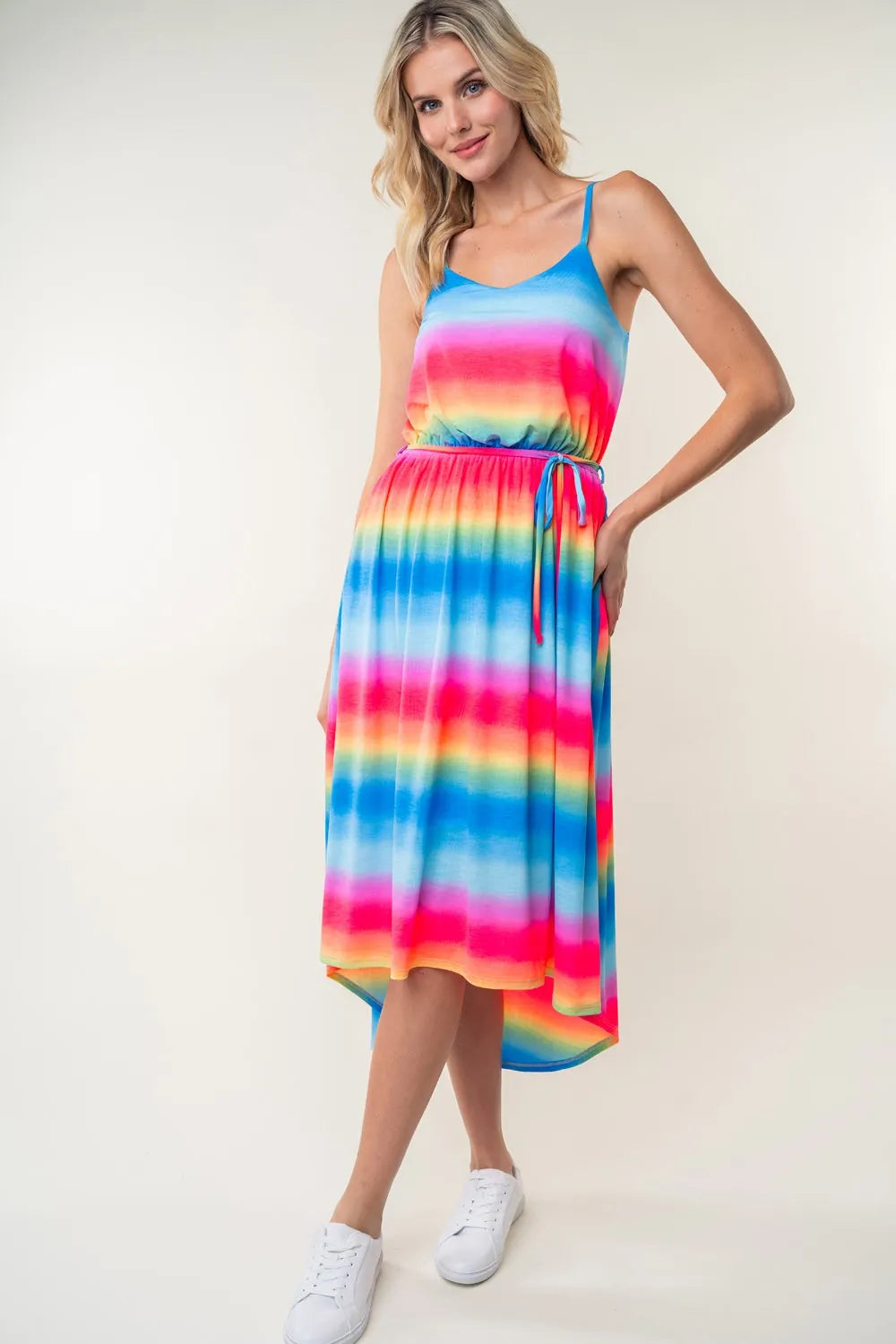 Image of White Birch Full Size Ombre Striped Midi Cami Dress | Queeble.shop