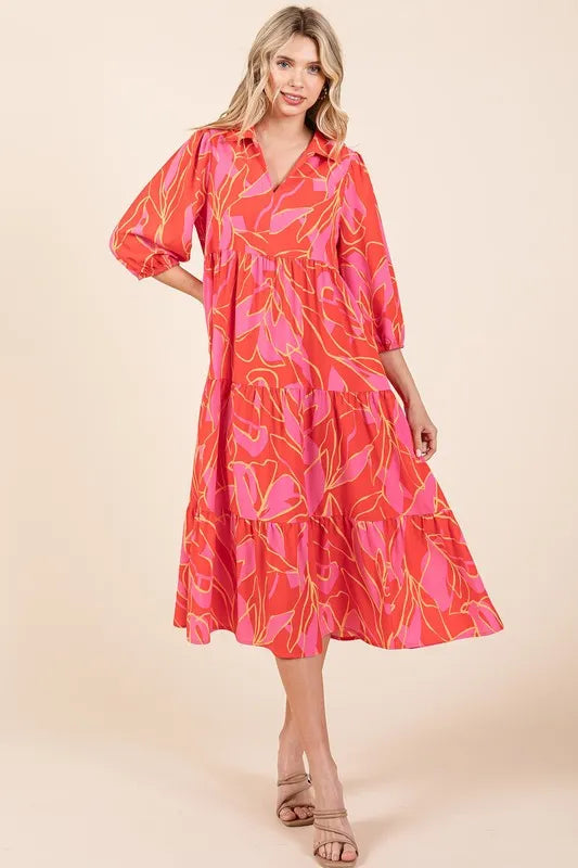 Image of Mittoshop Tiered Printed Collared Neck Midi Dress | Queeble.shop