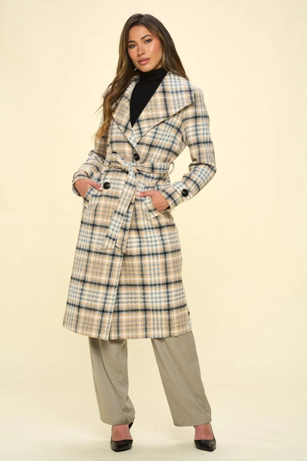 Image of Coalition LA Double-Breasted Plaid Coat with Belt | Queeble.shop