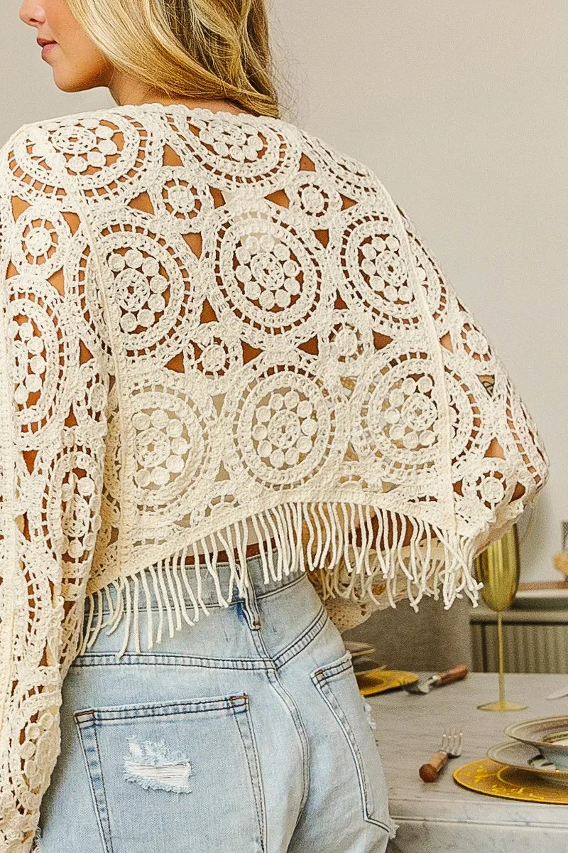 Image of BiBi Dolman Sleeve Fringed Crochet Lace Cover Up | Queeble.shop