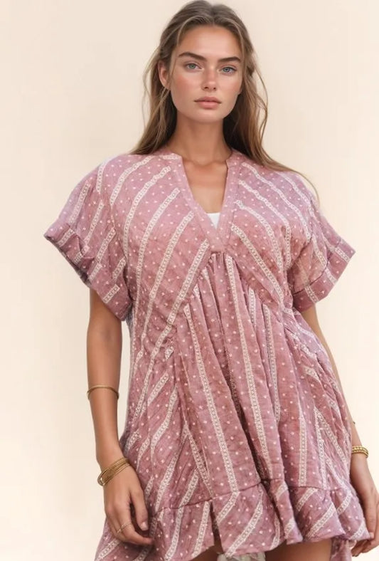 Image of Davi & Dani Embroidery V Neck Short Sleeve Ruffled Mini Dress | Queeble.shop