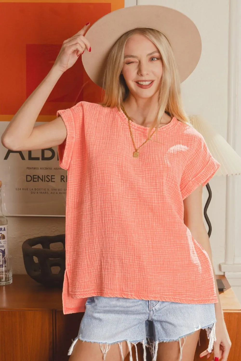 Image of Zenana Woven Double Gauze Acid Washed Short Sleeve Top | Queeble.shop