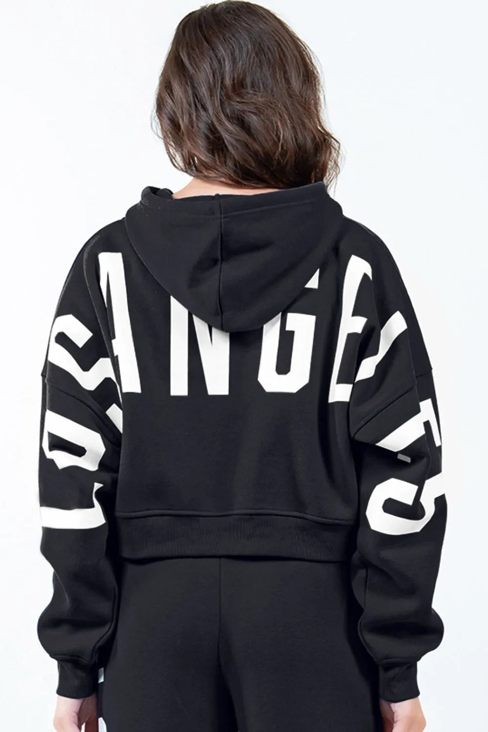 Image of American Bazi Letter Graphic Long Sleeve Drawstring Cropped Hoodie | Queeble.shop