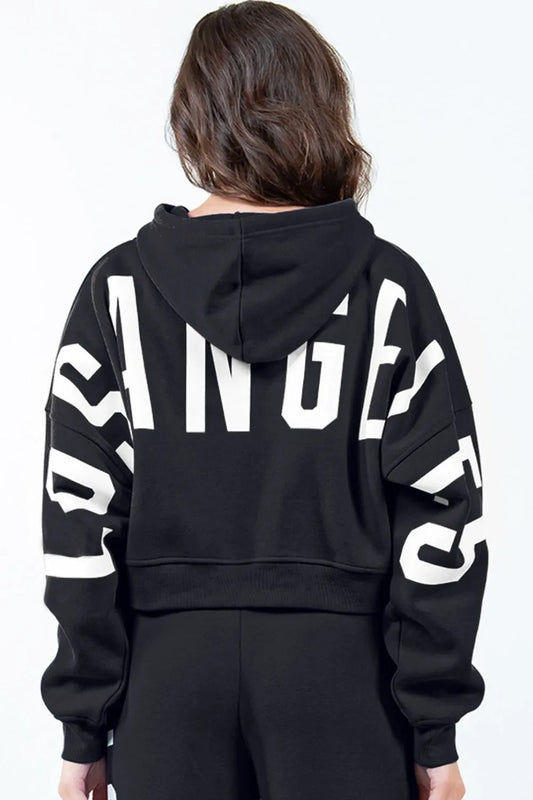 Image of American Bazi Letter Graphic Long Sleeve Drawstring Cropped Hoodie | Queeble.shop