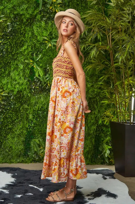 Image of Davi & Dani Multi Smocked Bodice Geo Ruffle Strappy Midi Dress | Queeble.shop