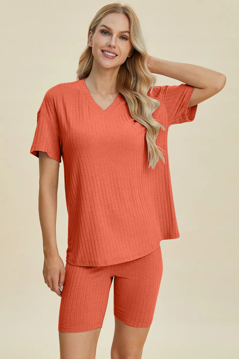 Image of Basic Bae Full Size Ribbed V-Neck Short Sleeve Top and Shorts Set | Queeble.shop