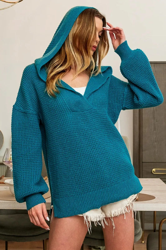 Image of BiBi Raw Edge Detail V-Neck Sweater Hoodie | Queeble.shop