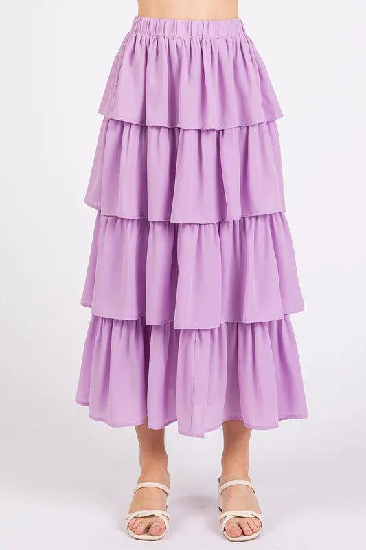 Image of Mittoshop Chiffon Ruffle Layer Elastic Waist Midi Skirt | Queeble.shop
