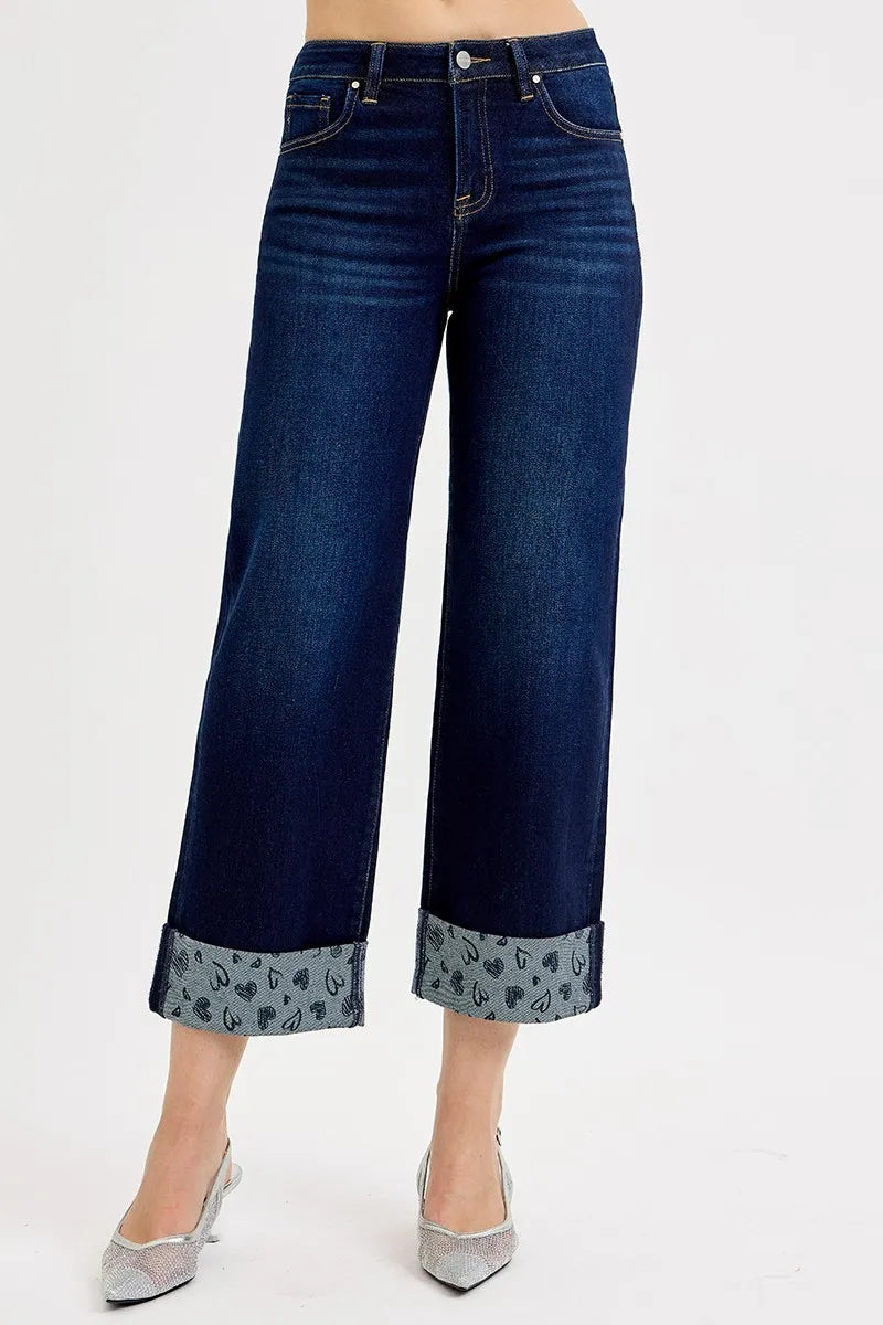 Image of RISEN Full Size Mid Rise Fit Crop Wide With Printed Cuff Jeans Plus Size | Queeble.shop
