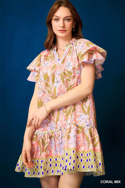 Image of Umgee Floral Ruffle-Sleeve Tunic Dress | Queeble.shop