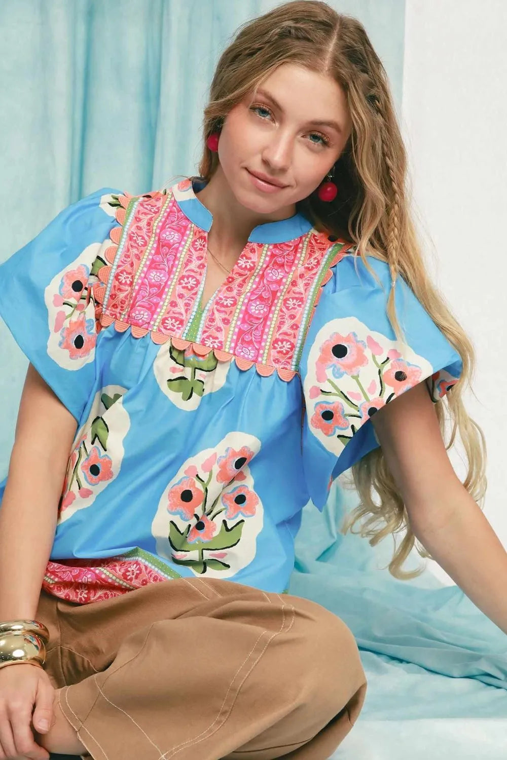 Image of Umgee Floral Notched Puff Sleeve Blouse | Queeble.shop