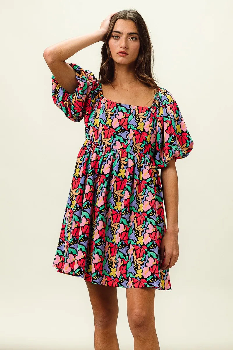 Image of BiBi Floral Print Puff Square Neck Dress | Queeble.shop