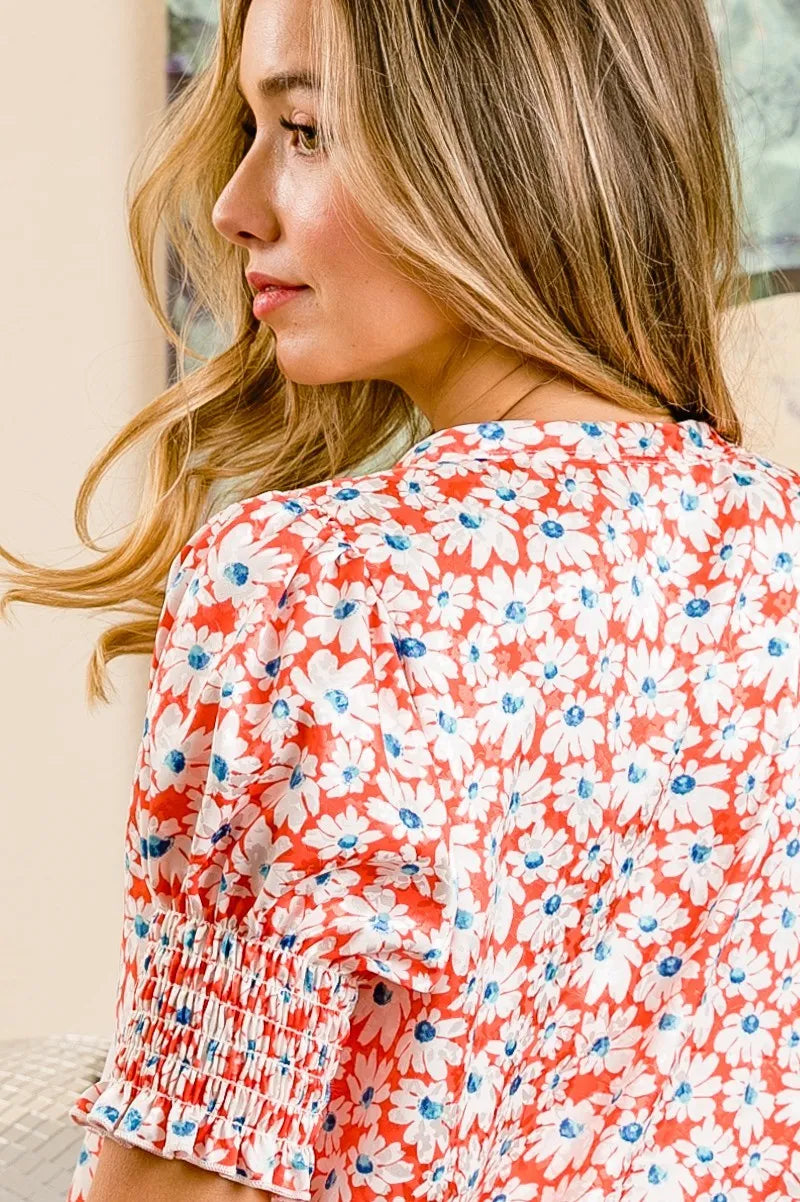 Image of BiBi Floral Jqd Smoked Puff Sleeves V Neck Top | Queeble.shop