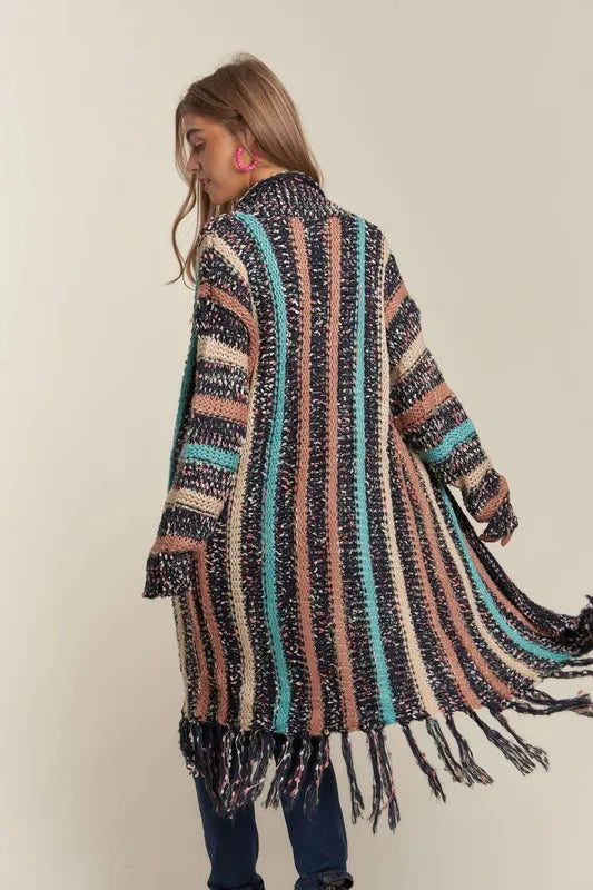 Image of ADORA Multi Colour Sweater Long Cardigan with Fringes | Queeble.shop