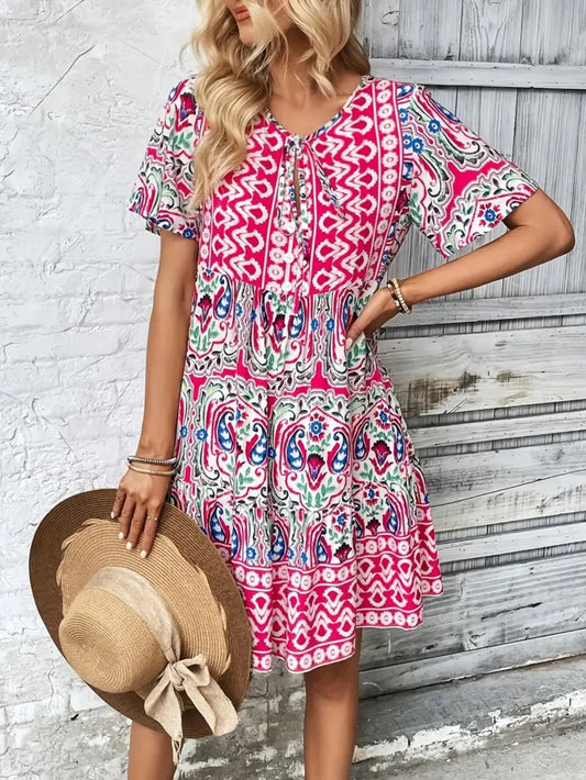Image of Printed Tie Neck Short Sleeve Dress | Queeble.shop