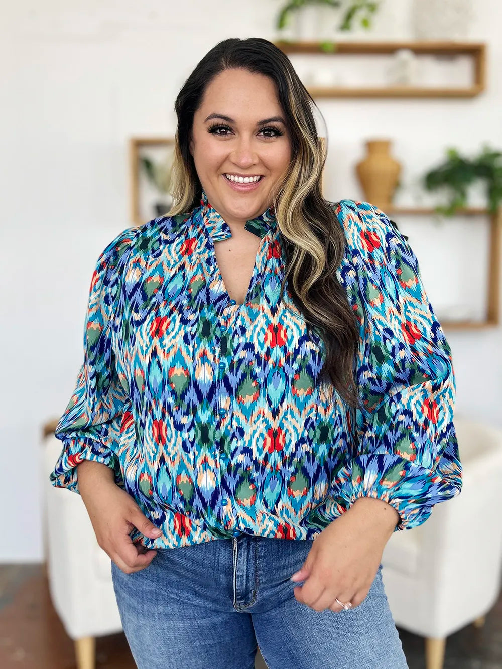 Image of Double Take Full Size Printed Balloon Sleeve Blouse | Queeble.shop