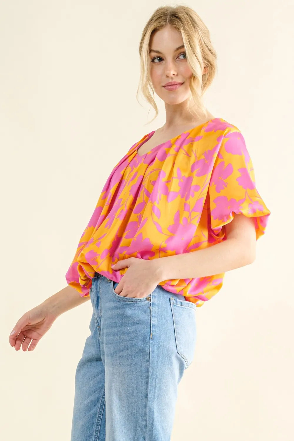 Image of And The Why Full Size Printed Satin Bubble Hem Top | Queeble.shop