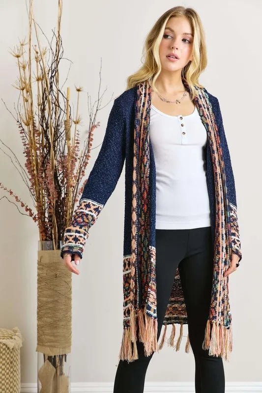 Image of ADORA Full Size Fringe Hem Aztec Border Cardigan Plus Size | Queeble.shop