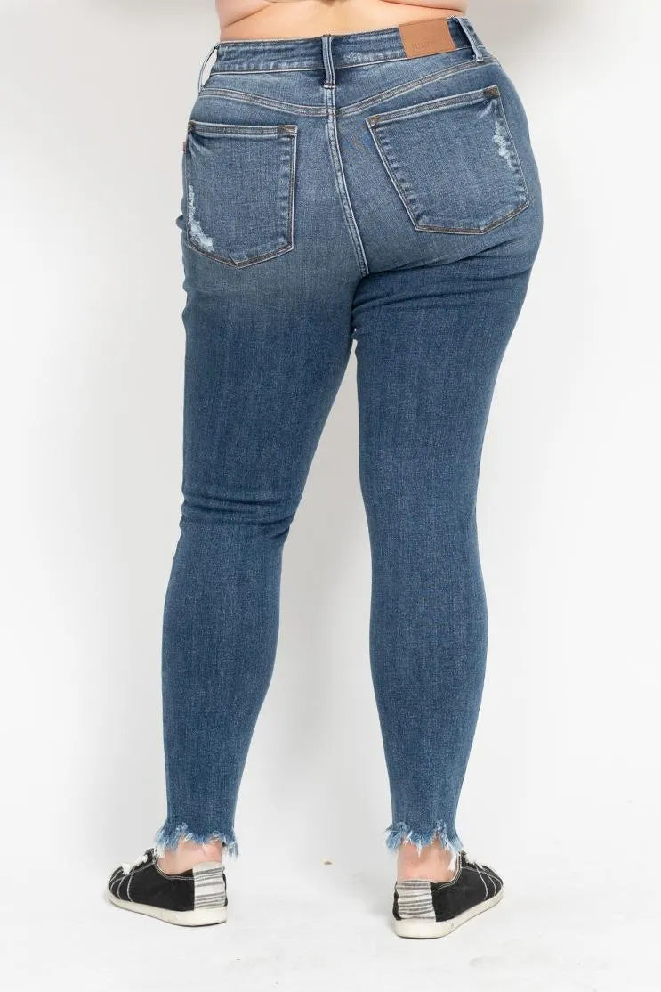 Image of Judy Blue Plus Size High Waist Skinny with Destroy & Shark Bit Hem | Queeble.shop