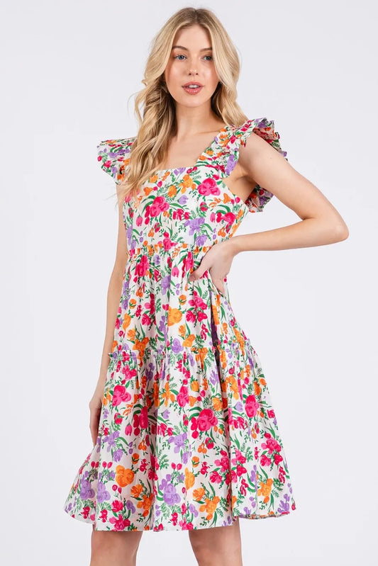 Image of Mittoshop Flower Print Ruffle Shoulder A-line Mini Dress | Queeble.shop