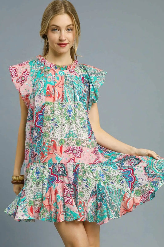 Image of Umgee Printed Ruffle Cap Sleeve Mini Dress | Queeble.shop
