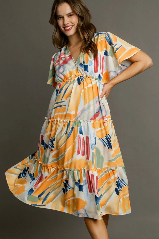 Image of Umgee Full Size Abstract Print Flutter Sleeve Frill Tiered Midi Dress Plus Size | Queeble.shop