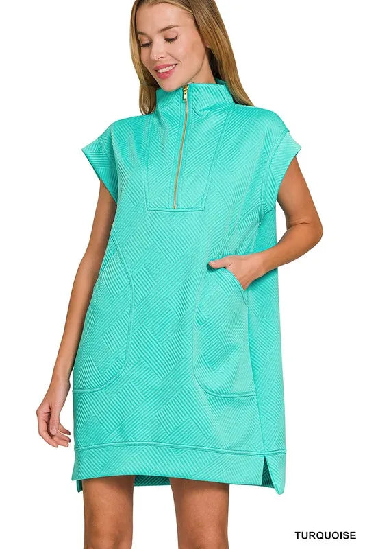 Image of Zenana Textured Knit Jacquard Quarter Zipper Mini Dress | Queeble.shop