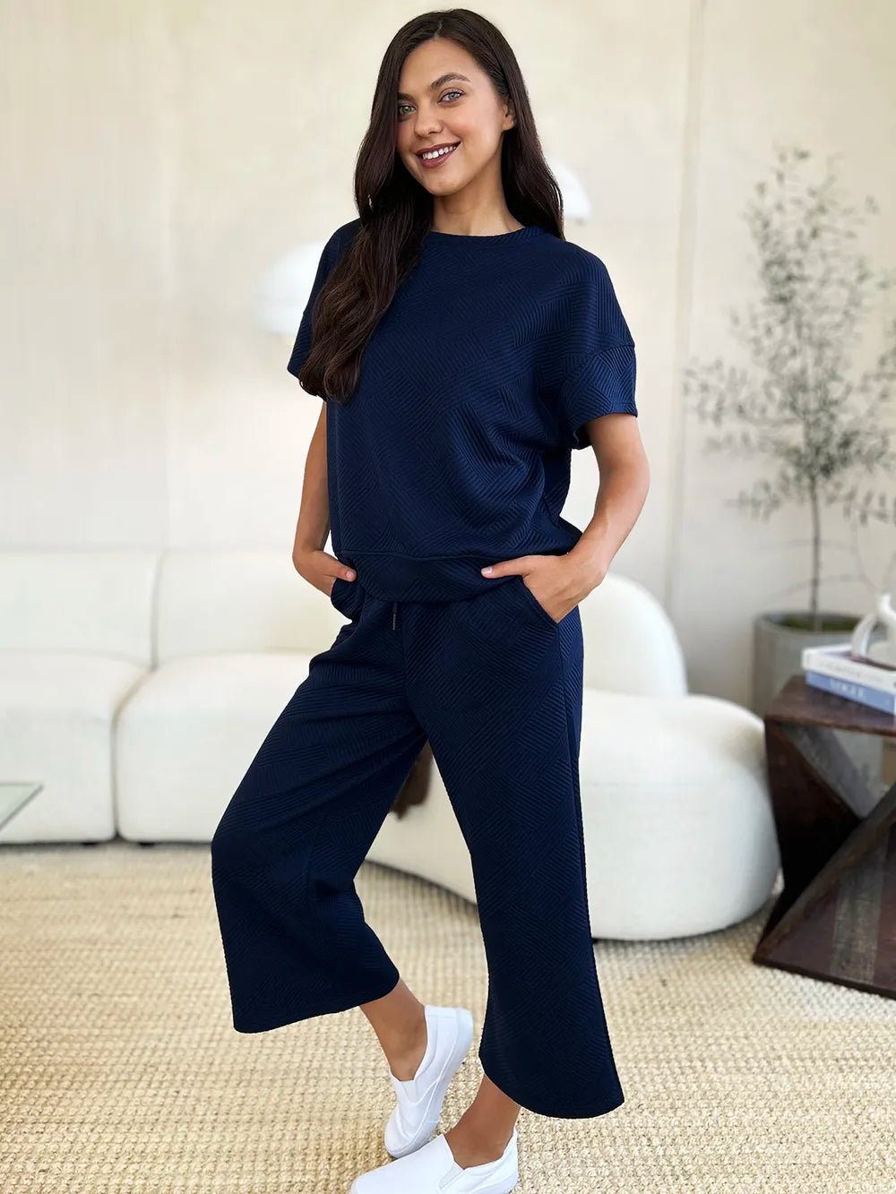 Image of Double Take Full Size Texture Short Sleeve Top and Pants Set | Queeble.shop